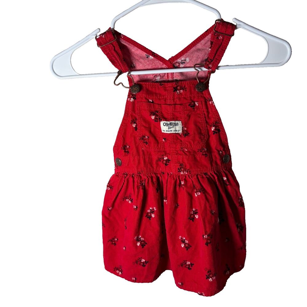 Oshkosh B'Gosh Dress Girl's 2T Red Floral Overalls Sleeveless Mini Corduroy